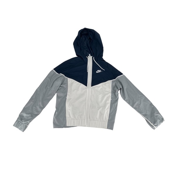 Nike Blue White Gray Color Blocked Hooded Windbreaker Jacket Size Medium Women's - Picture 1 of 6